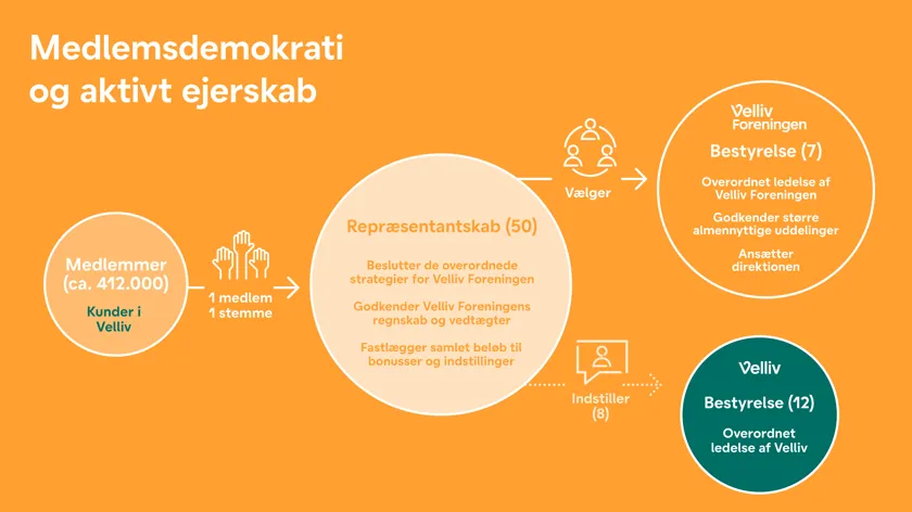 Velliv Foreningen er demokratisk styret. Det er medlemmerne der vælger repræsentantskabet, og her findes foreningens bestyrelse. Repræsentantskabet indstiller også medlemmerne af Vellivs bestyrelse.